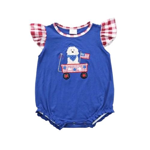 Puppy 4th of July Parade Blue/Red Gingham Girls Romper