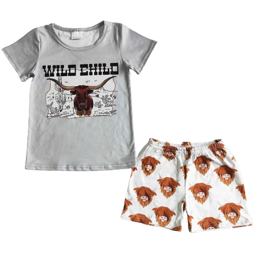 Wild Child Steer Outfit Southwest Short Sleeve Shirt and Shorts - Kids Clothing