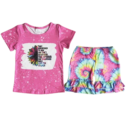 Summer Sunflower Storm Tie-Dye Outfit Western Short Sleeve Shirt and Shorts - Kids Clothes