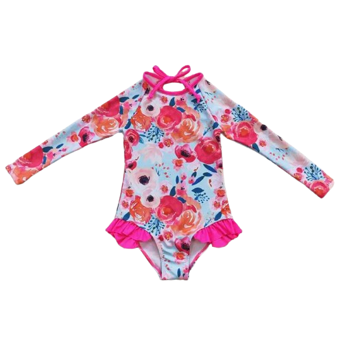 Girls Long Sleeve Floral Ruffle 4th of July Bathing Suit