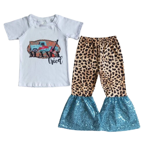 Mama Tried Leopard Sequin - Western Bell Bottom Outfit Kids