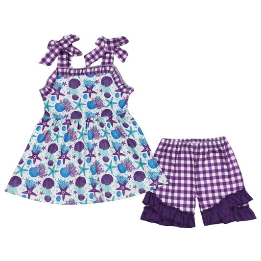 Purple Tie Accent Floral Plaid Outfit Floral Sleeveless Shirt and Shorts - Kids Clothing