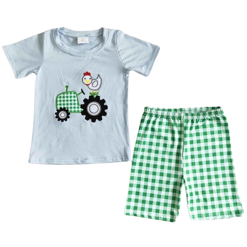 Summer  Chicken Tractor Plaid Outfit Southwest Short Sleeve Shirt and Shorts - Kids Clothing