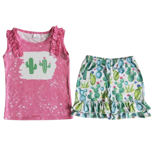 Summer  Sleeveless Cactus Ruffle Outfit Southwest Sleeveless Shirt and Shorts - Kids Clothes