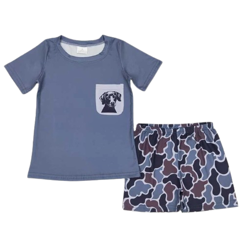 Blue Camo Dog Southwest Summer Shorts Outfit - Kids