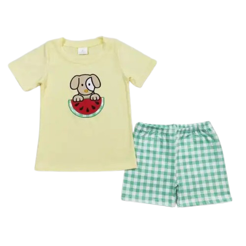 Watermelon Puppy Yellow/Green Gingham Boys Short Set - Kids