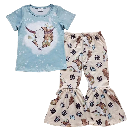 Steer Skull Geo - Western Bell Bottoms Outfit Kids Summer