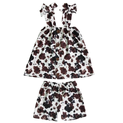 Summer Black & White Cow Print Tie Top & Shorts Outfit -Kids