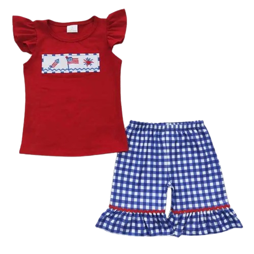 Blue Gingham FIREWORKS 4th of July Shorts Outfit GIRLS Kids