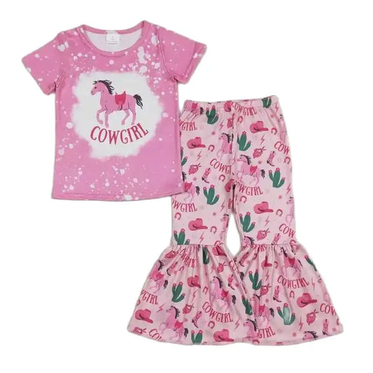 Summer Cowgirl Cactus Pink Outfit Western Short Sleeve Shirt and Pants - Kids Clothes