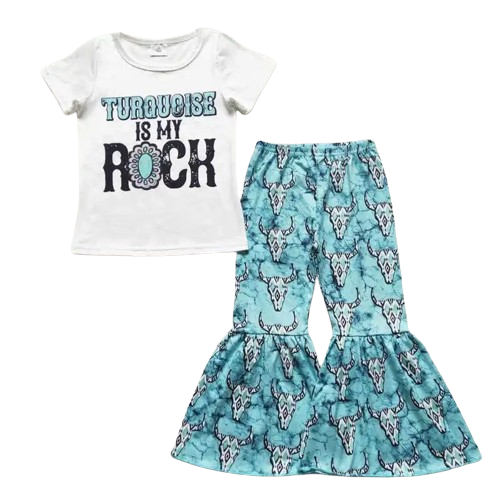 Summer Turquoise Is my Rock Steer Skull Outfit Western Short Sleeve Shirt and Pants - Kids Clothes