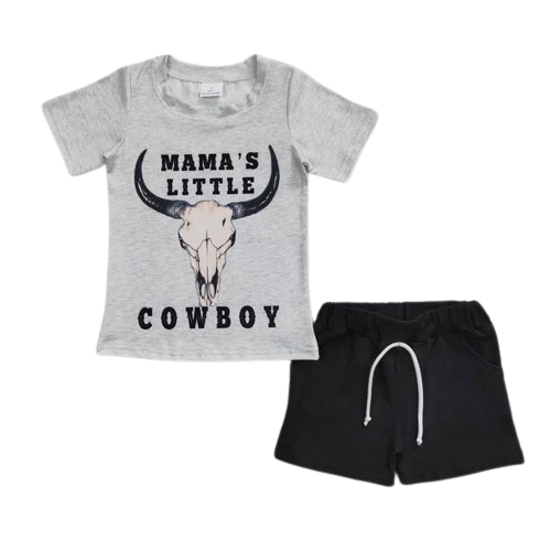 Summer Mother's Day Gift Mama's Little Cowboy Steer Skull Outfit Western Short Sleeve Shirt and Shorts - Kids Clothes