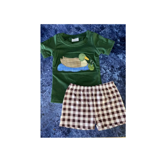 Preppy Plaid Duck Outfit Colorful Short Sleeve Shirt and Shorts - Kids Clothing