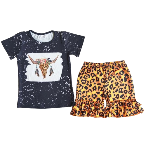 Summer  Leopard Print Steer Skull Feathers Outfit Southwest Short Sleeve Shirt and Shorts - Kids Clothes