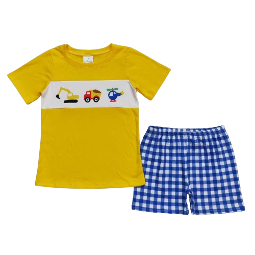 Boys Vehicle Plaid Colorful Short Sleeve Shirt and Shorts - Kids Clothes