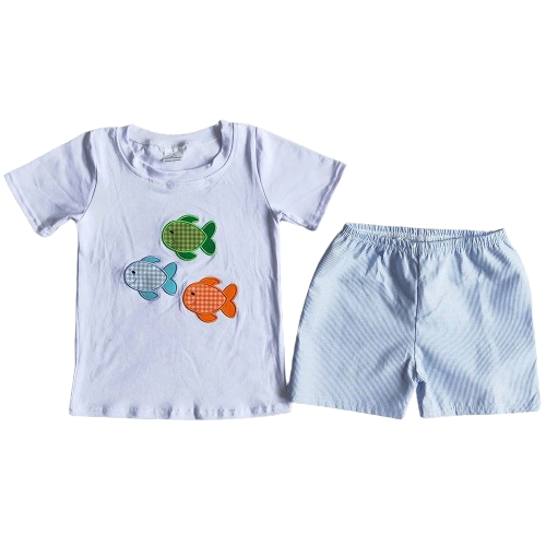 Fish Plaid Outfit Whimsical Short Sleeve Shirt and Shorts - Kids Clothing