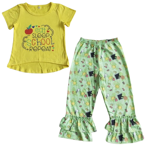 Summer - Eat Sleep School Repeat Outfit Back to School Short Sleeve Shirt and Pants - Kids Clothes
