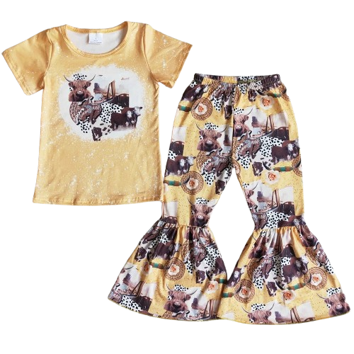 Desert Cow Cactus - Western Bell Bottom Outfit Kids Clothing