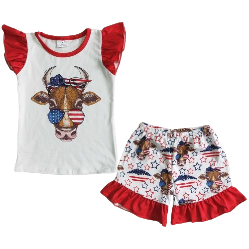 Girls 4th of July Summer Shorts Outfit Sunglasses Cow Ruffle