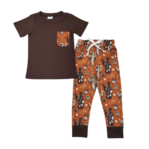 Summer Cactus Cow Boys Loungewear Outfit Western Short Sleeve Shirt and Pants - Kids Clothes