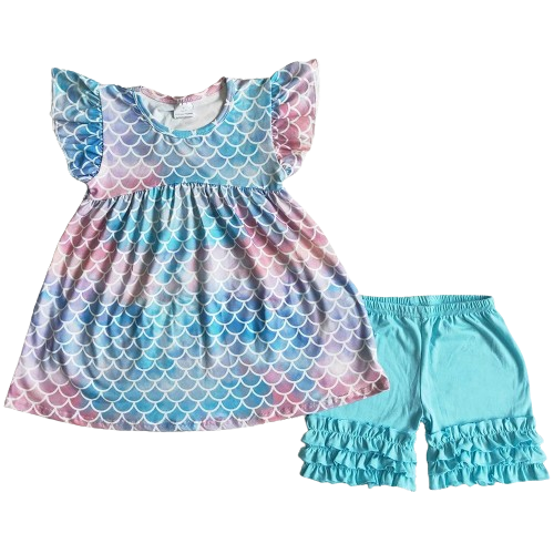Summer  Mermaid Flutter Sleeve Ruffle Outfit Whimsical Short Sleeve Shirt and Shorts - Kids Clothes