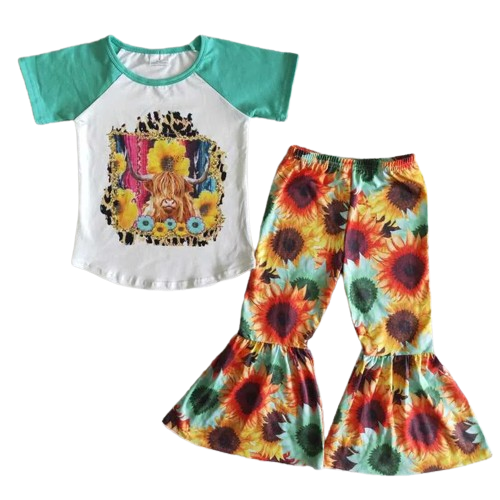 Sunflower Cowhead Outfit Southwest Short Sleeve Shirt and Pants - Kids Clothing