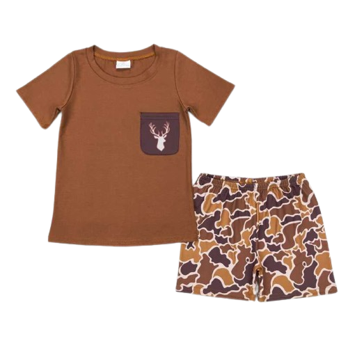 Boys Summer Shorts Outfit - Brown Camo Deer Kids Clothes
