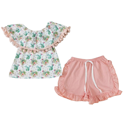 Summer Lace Accent Pastel Cactus Outfit Floral Short Sleeve Shirt and Shorts - Kids Clothes