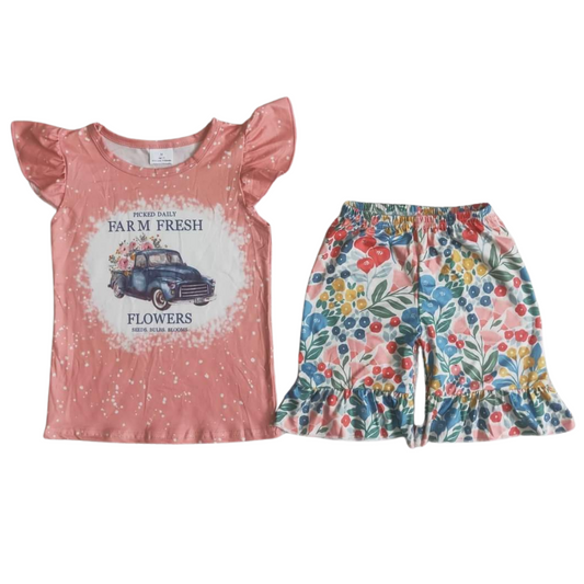 Summer  Farm Fresh Flutter Sleeve Outfit Southwest Short Sleeve Shirt and Shorts - Kids Clothes