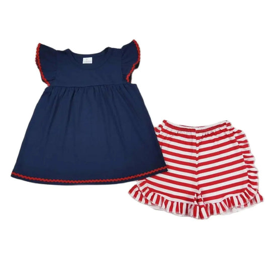 Navy & Red 4th of July Outfit - Girls Flutter Sleeve Stripe