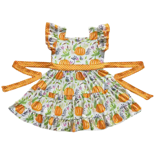 Fall/Autumn Dress Flutter Sleeve Floral Pumpkin - Kids Clothes
