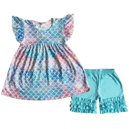 Blue Mermaid Scales Whimsical Flutter Sleeve Shirt & Shorts