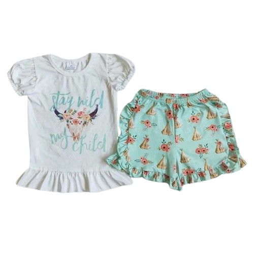 $6.00 Sale Summer Stay Wild Steer Floral Outfit Western Short Sleeve Shirt and Shorts - Kids Clothes