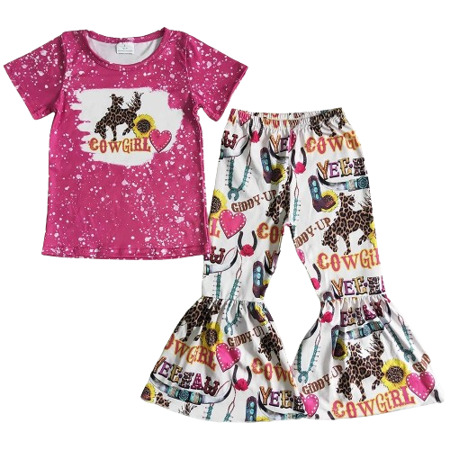 Summer Cowgirl Horse Leopard Outfit Western Short Sleeve Shirt and Pants - Kids Clothes