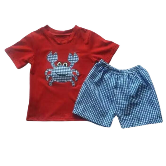 Crab Plaid Outfit Whimsical Short Sleeve Shirt and Shorts - Kids Clothing