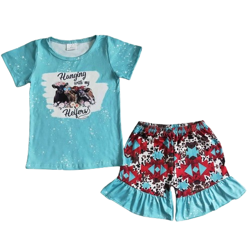 Summer Hanging with Heifers Outfit Western Short Sleeve Shirt and Shorts - Kids Clothes