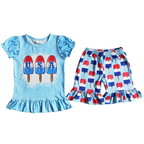 4th of July USA Summer Shorts Outfit - Popsicles Kids Girls