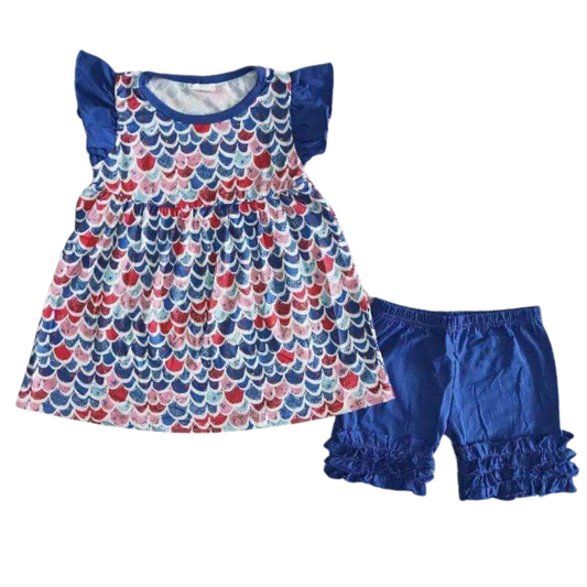 Blue Mermaid Flutter Sleeve Outfit 4th of July Short Sleeve Shirt and Shorts - Kids Clothing