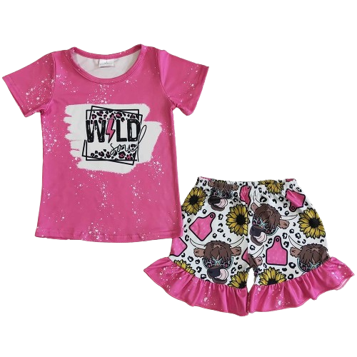 Summer Wild Soul Sunflower Steer Outfit Western Short Sleeve Shirt and Shorts - Kids Clothes