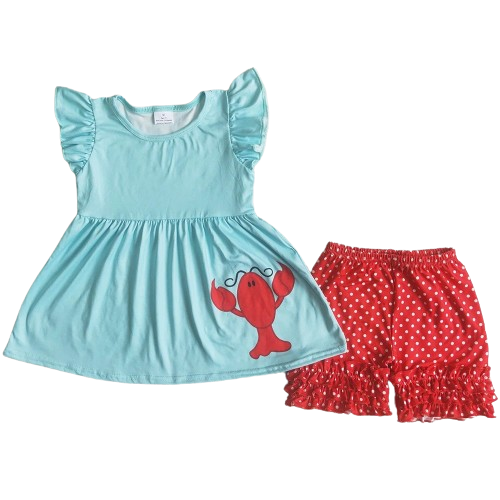 Summer  Flutter Sleeve Crawfish Outfit Whimsical Short Sleeve Shirt and Shorts - Kids Clothes
