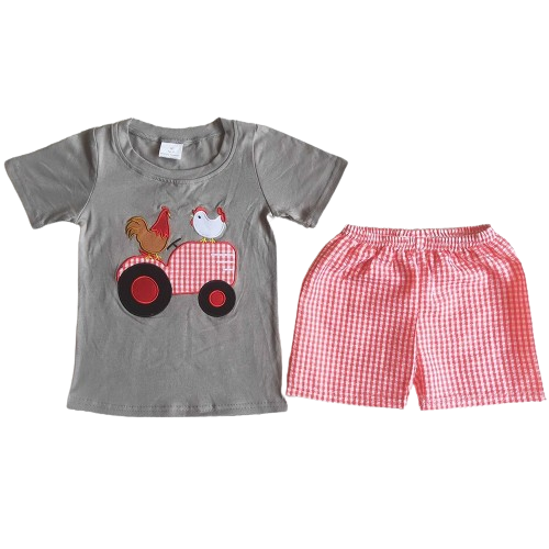 Preppy Plaid Farm Animal Tractor Outfit Southwest Short Sleeve Shirt and Shorts - Kids Clothing