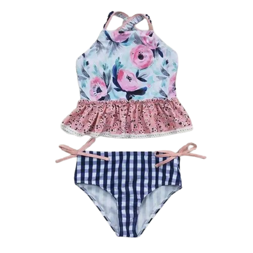 Floral Plaid Tie Accent Floral Bathing Suit - Kids Clothes