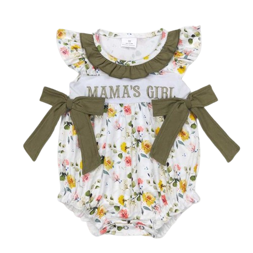 MAMA'S GIRL Olive Trim Floral Sleeveless Ruffle Romper