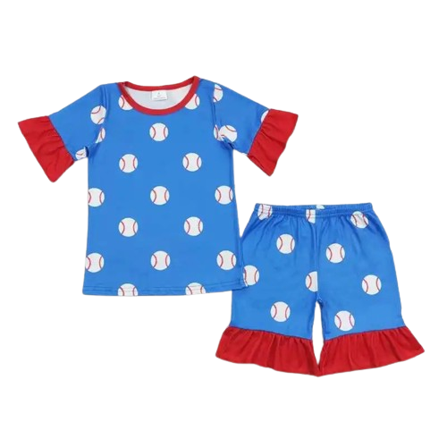Girls Blue Baseball 4th of July Summer Shorts Outfit - Kids