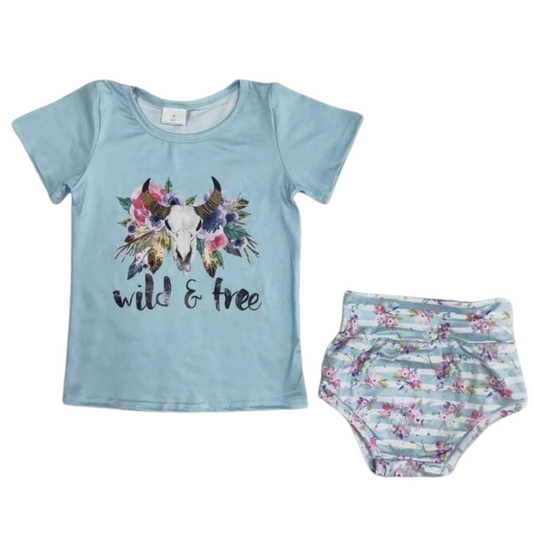 Summer  Wild & Free Steer Skull Outfit Outfit Southwest Short Sleeve Shirt and Shorts - Kids Clothes