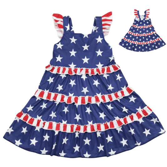 Summer  4th of July Dress Deluxe Patriotic Flutter Sleeve Patchwork - Kids Clothing