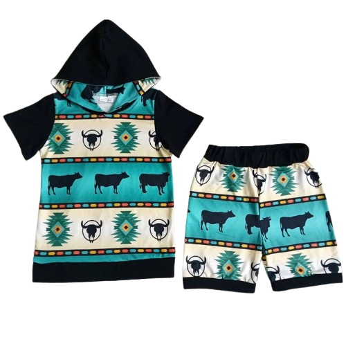 Summer Geo Steer Hooded Outfit Western Short Sleeve Shirt and Shorts - Kids Clothes
