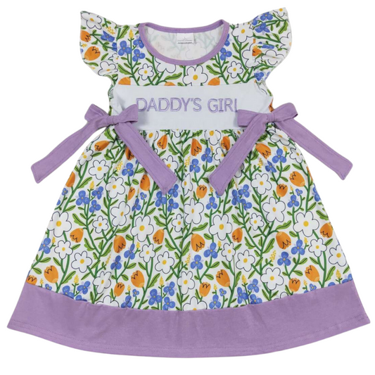 Daddy's Girl Purple Floral Flutter Sleeve Bow Accent Dress