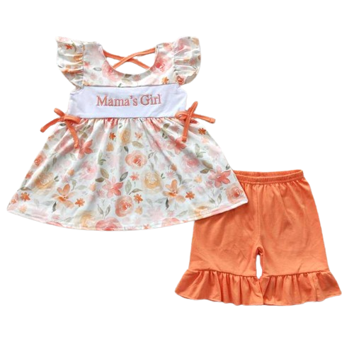 MAMA'S Girl Peach Floral Ruffled Sleeveless Shorts Set