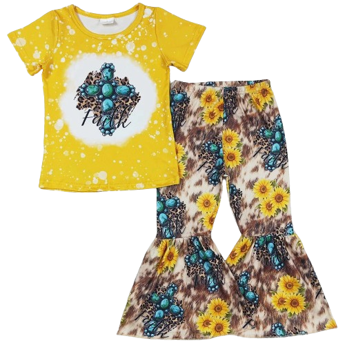 Summer Faith Sunflower Turquoise Cross Outfit Western Short Sleeve Shirt and Pants - Kids Clothes